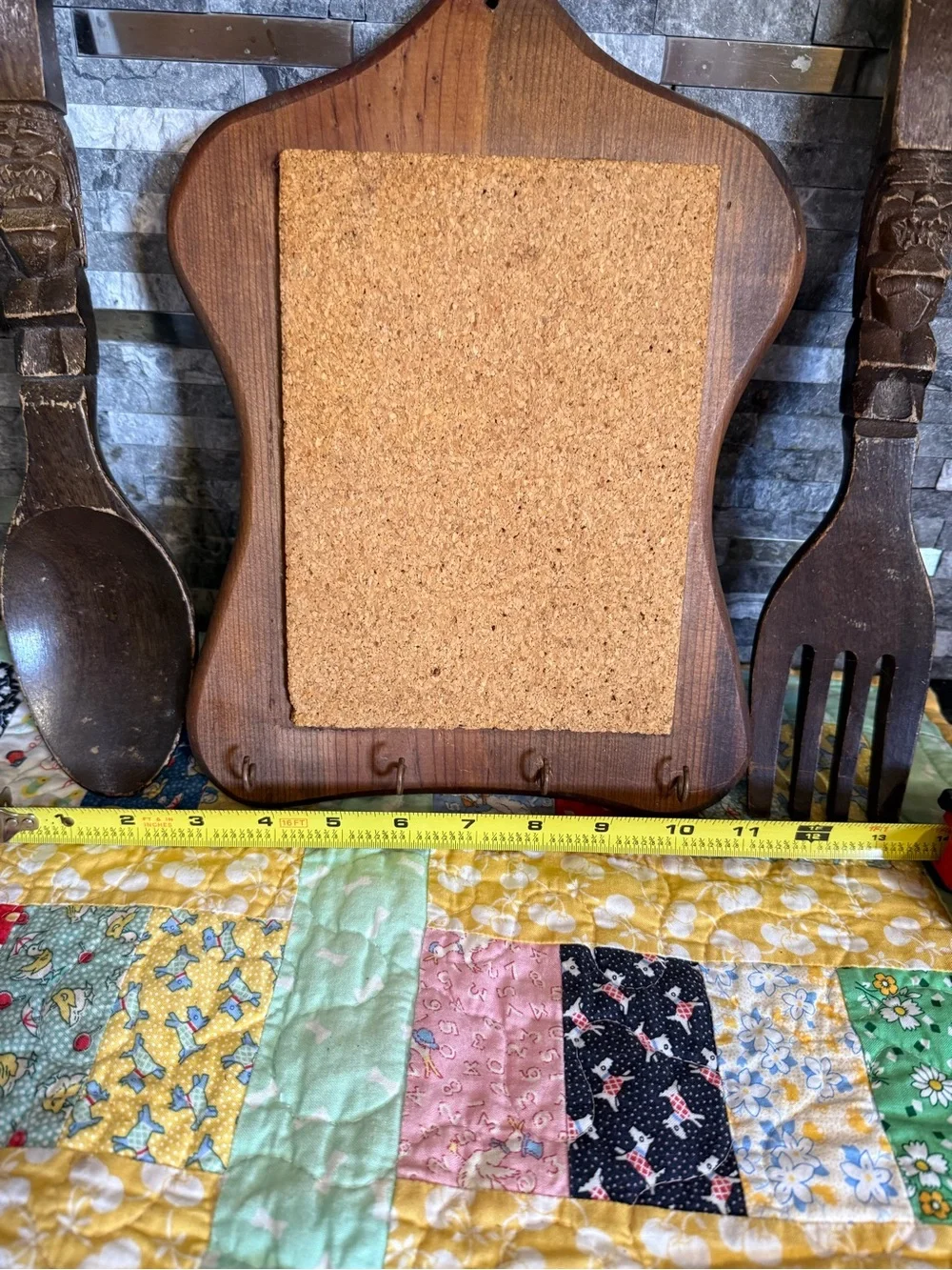 Vintage Granny Core Wall Art Wooden Utensils and Cork Board w Hooks Set
